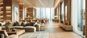 Dall·e 2025 03 24 01.46.13 a beautifully designed luxury apartment interior with floor to ceiling windows, clean architectural lines, warm natural materials like wood and stone,