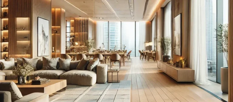 Dall·e 2025 03 24 01.46.13 a beautifully designed luxury apartment interior with floor to ceiling windows, clean architectural lines, warm natural materials like wood and stone,